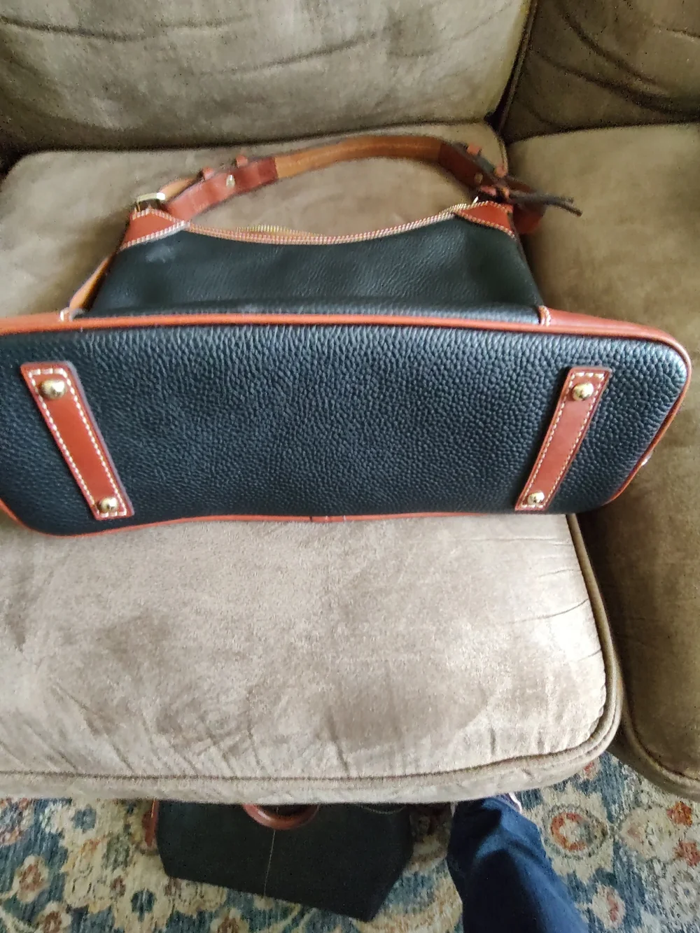 Dooney & Bourke Black Pebbled Leather Shoulder Bag with Brown Trim